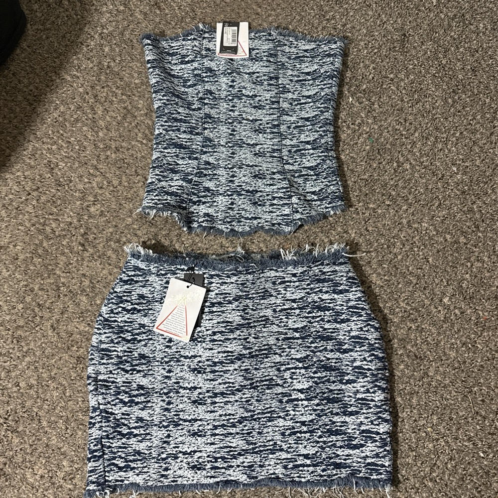 PrettyLittleThing Blue and White Tweed Skirt Set